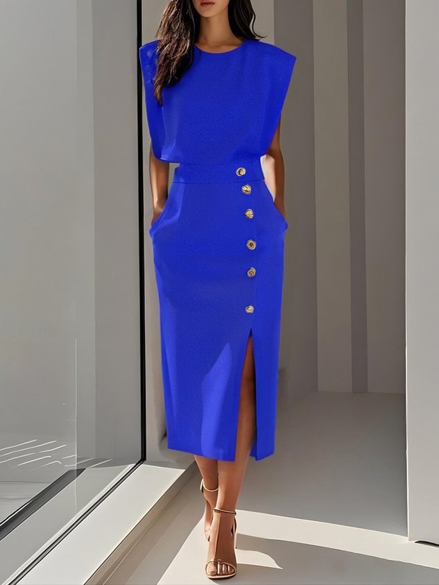 Abbey | Women's Button Front Sleeveless Midi Dress, Round Neckline Midi Dress | The Shrader Sisters | Royal Blue