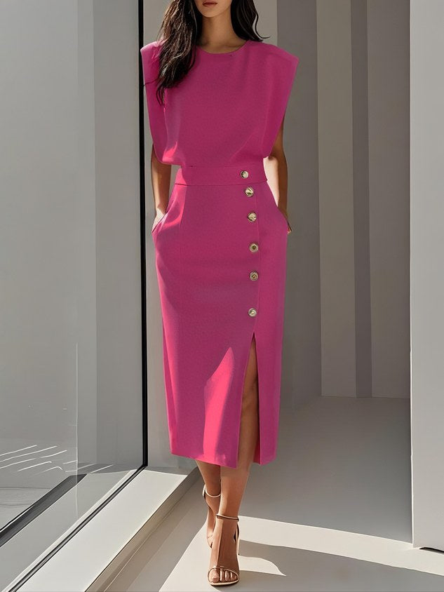 Abbey | Women's Button Front Sleeveless Midi Dress, Round Neckline Midi Dress | The Shrader Sisters | Bright Pink