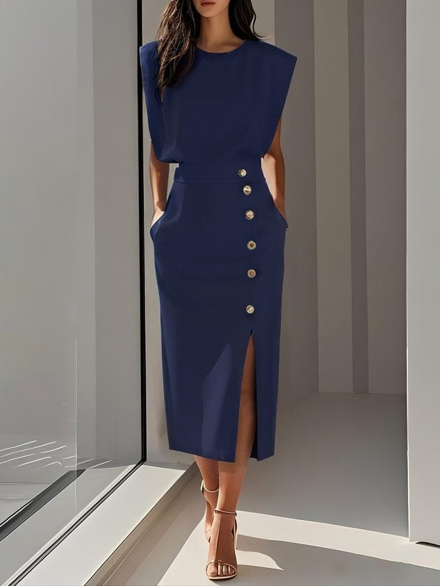 Abbey | Women's Button Front Sleeveless Midi Dress, Round Neckline Midi Dress | The Shrader Sisters | Blue