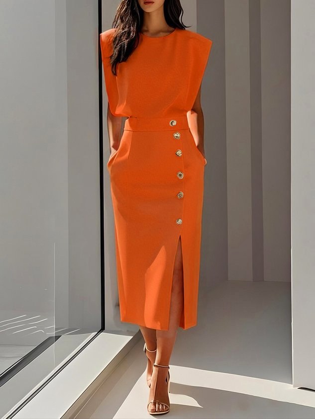 Abbey | Women's Button Front Sleeveless Midi Dress, Round Neckline Midi Dress | The Shrader Sisters | Orange
