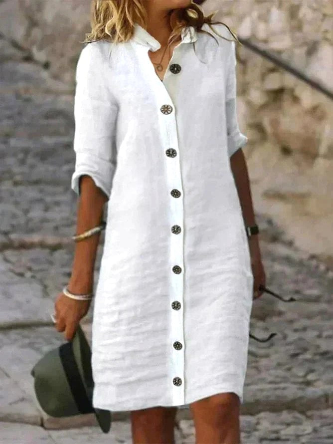 Abigail | Women's Linen Collared Button-Down Shirt Dress, Flattering Summer Dress for Holidays and Everyday Wear, Flattering Summer Dress for Holidays and Everyday Wear - White