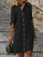 Abigail | Women's Linen Collared Button-Down Shirt Dress, Flattering Summer Dress for Holidays and Everyday Wear, Flattering Summer Dress for Holidays and Everyday Wear - Black
