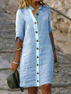 Abigail | Women's Linen Collared Button-Down Shirt Dress, Flattering Summer Dress for Holidays and Everyday Wear, Flattering Summer Dress for Holidays and Everyday Wear - Light Blue