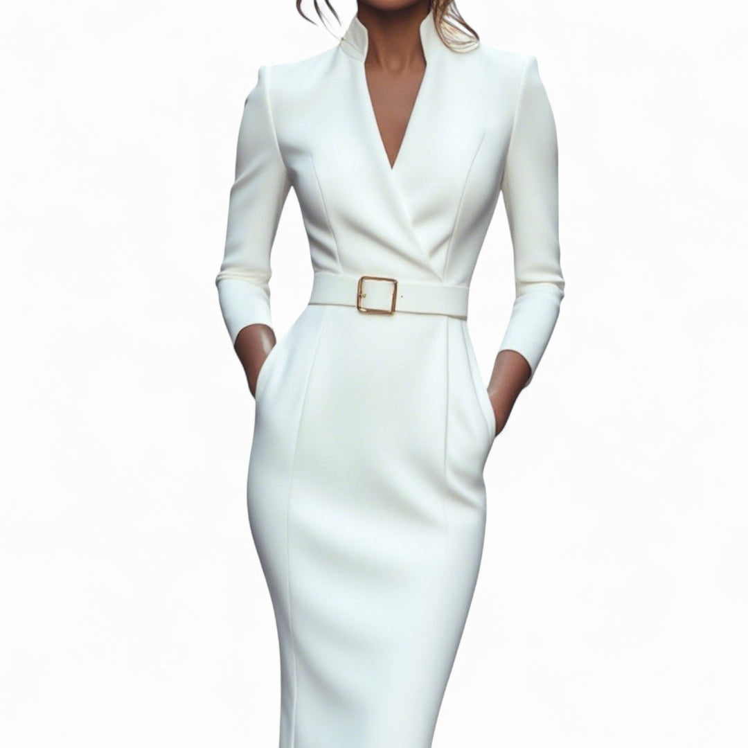 Abilene | Women's Elegant Belted Midi Dress - White