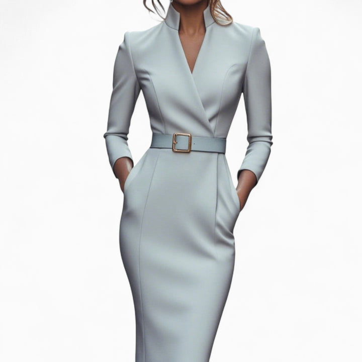 Abilene | Women's Elegant Belted Midi Dress - Grey