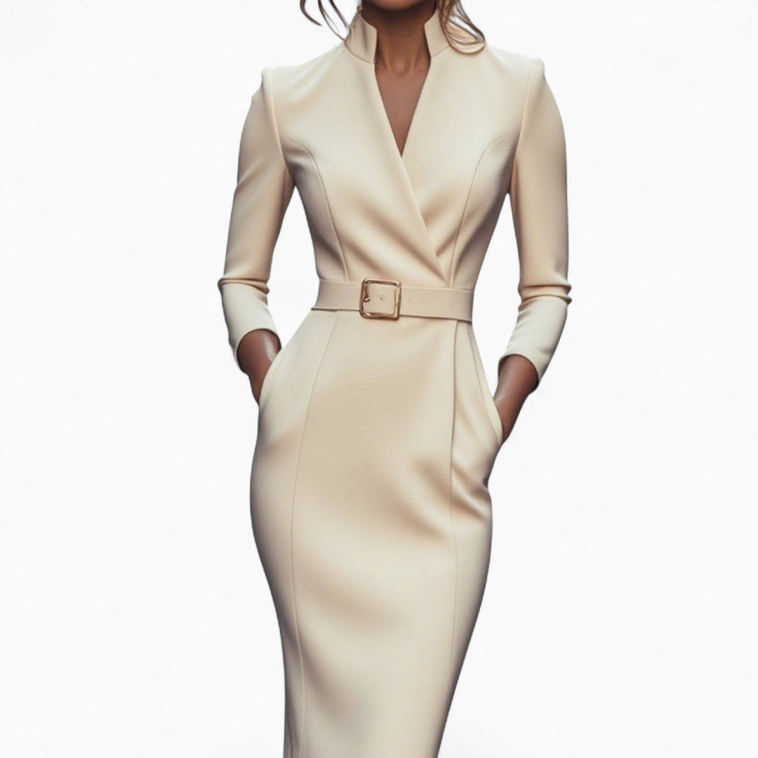 Abilene | Women's Elegant Belted Midi Dress - Beige