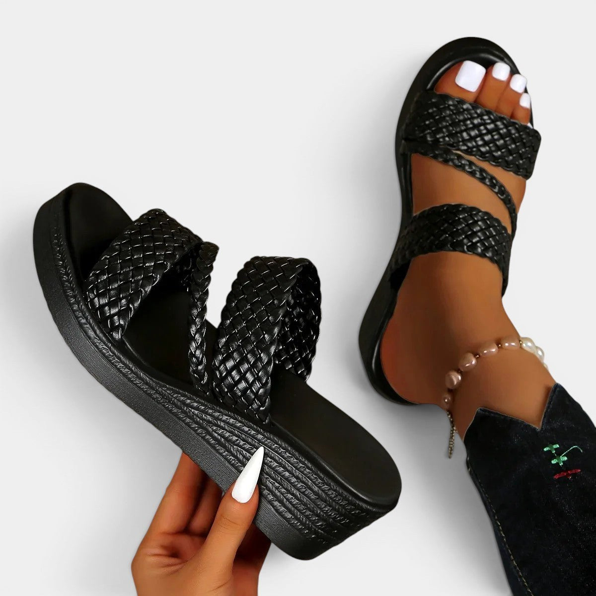 Ainsley | Women's Padded Platform Sandals, Woven Strap Slip-On Sandals | The Shrader Sisters