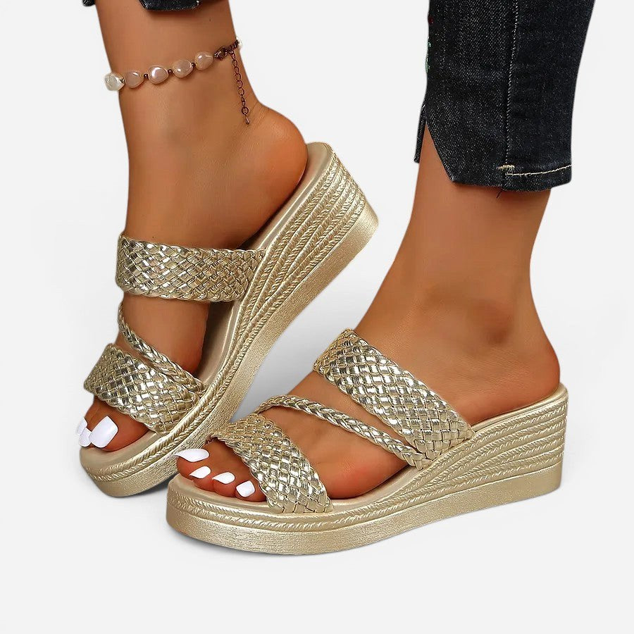 Ainsley | Women's Padded Platform Sandals, Woven Strap Slip-On Sandals | The Shrader Sisters