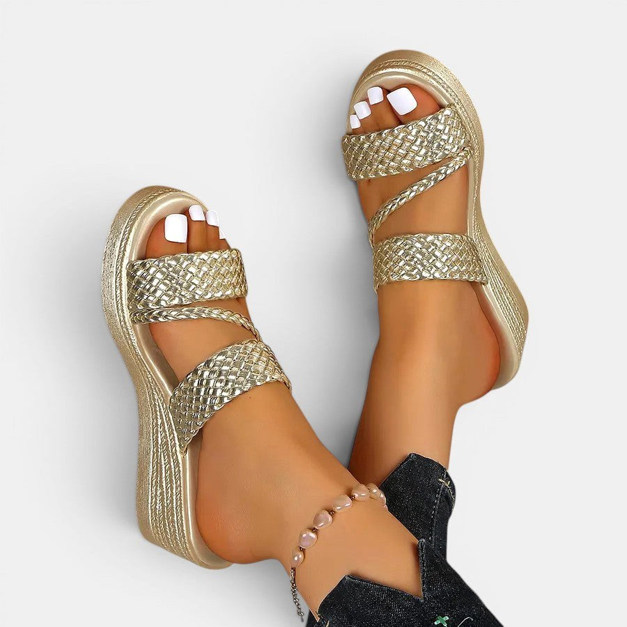 Ainsley | Women's Padded Platform Sandals, Woven Strap Slip-On Sandals | The Shrader Sisters