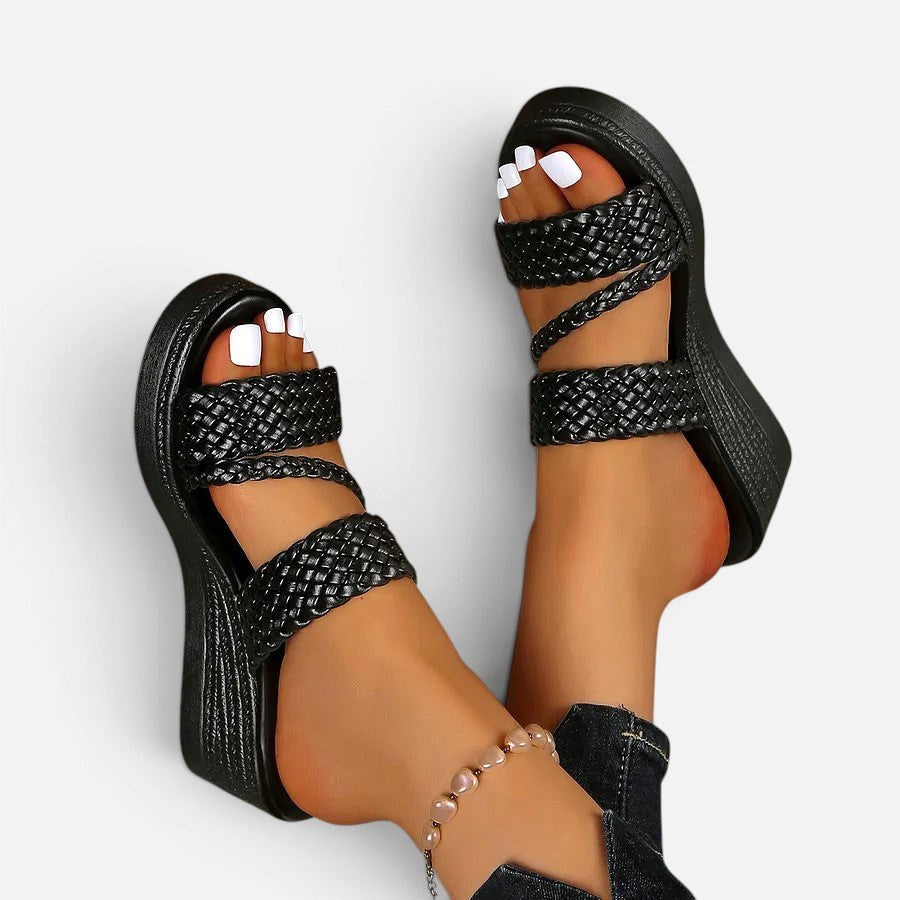 Ainsley | Women's Padded Platform Sandals, Woven Strap Slip-On Sandals | The Shrader Sisters
