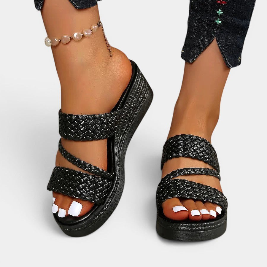 Ainsley | Women's Padded Platform Sandals, Woven Strap Slip-On Sandals | The Shrader Sisters