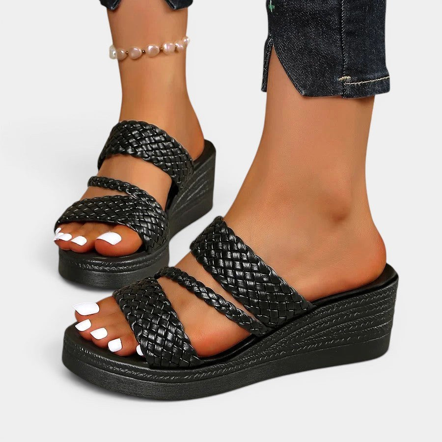 Ainsley | Women's Padded Platform Sandals, Woven Strap Slip-On Sandals | The Shrader Sisters