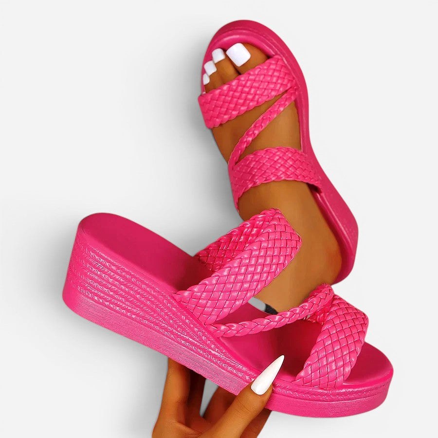 Ainsley | Women's Padded Platform Sandals, Woven Strap Slip-On Sandals | The Shrader Sisters