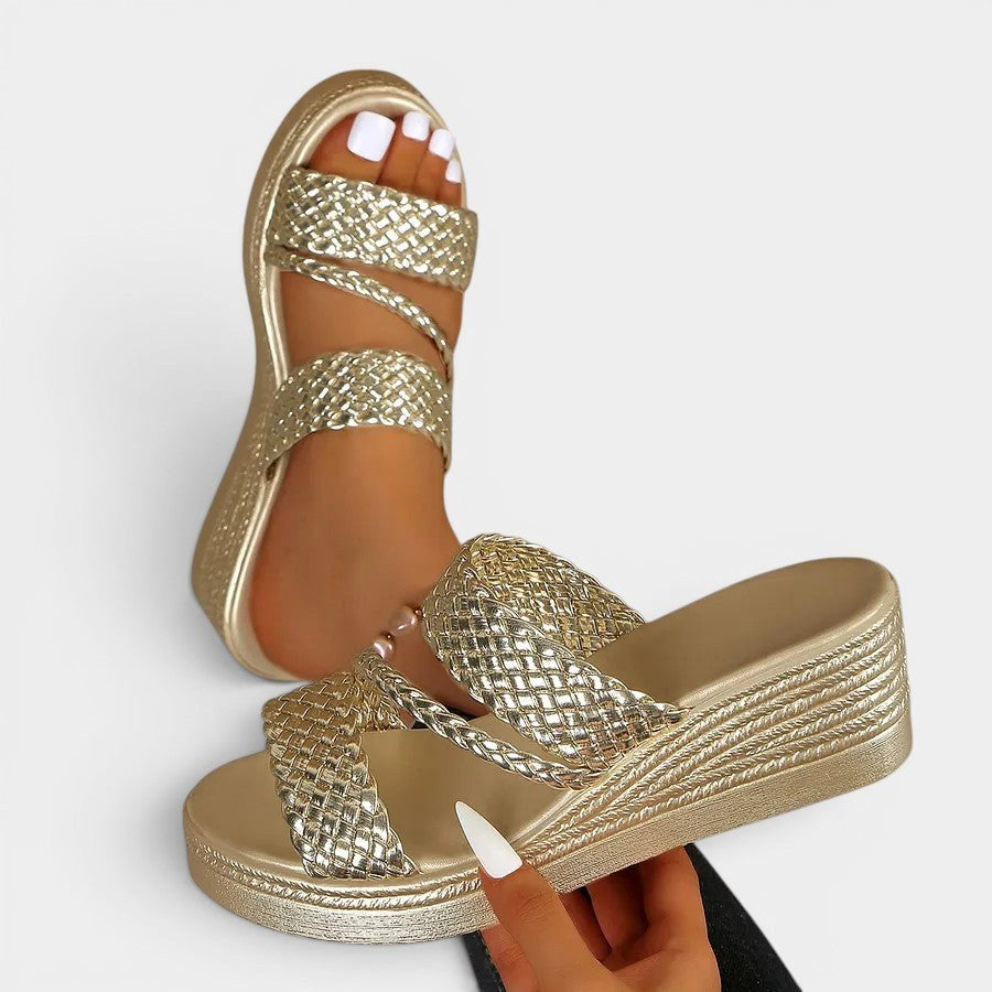 Ainsley | Women's Padded Platform Sandals, Woven Strap Slip-On Sandals | The Shrader Sisters