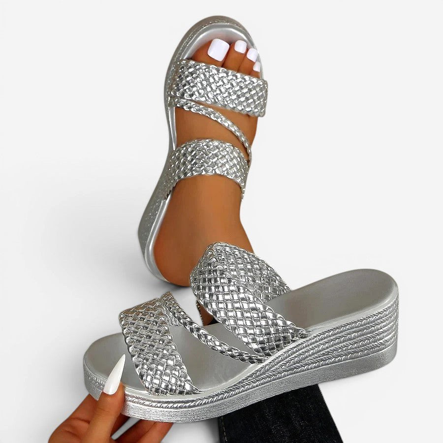 Ainsley | Women's Padded Platform Sandals, Woven Strap Slip-On Sandals | The Shrader Sisters