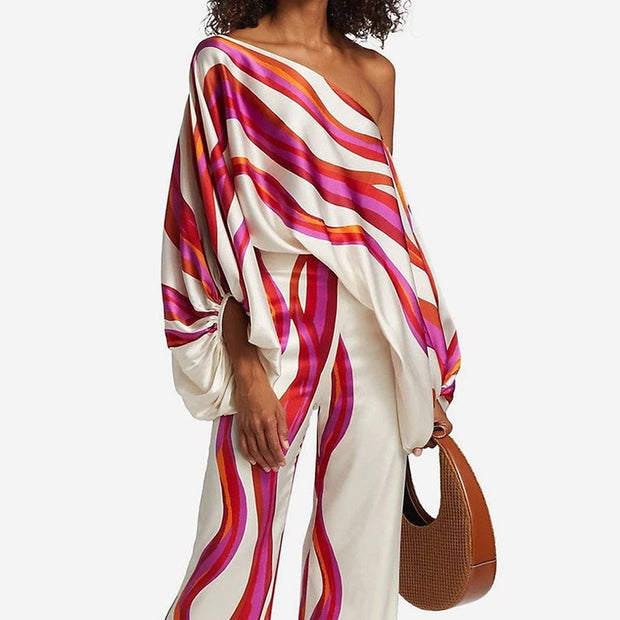 Ainsley | Women's Two-Piece Set with Off-Shoulder Sleeves, Printed Autumn Two-Piece Set | The Shrader Sisters | Fuschia