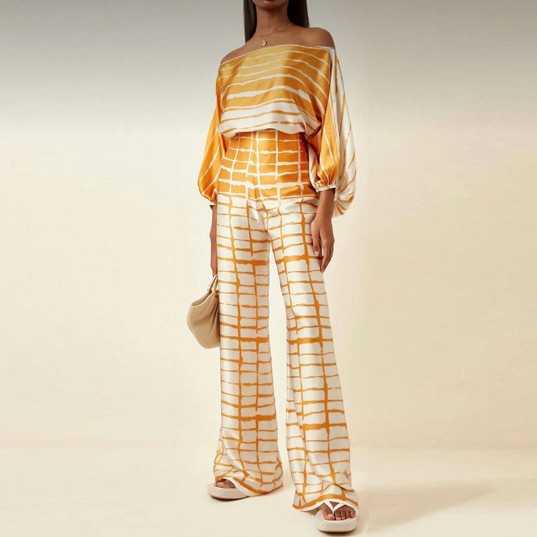 Ainsley | Women's Two-Piece Set with Off-Shoulder Sleeves, Printed Autumn Two-Piece Set | The Shrader Sisters