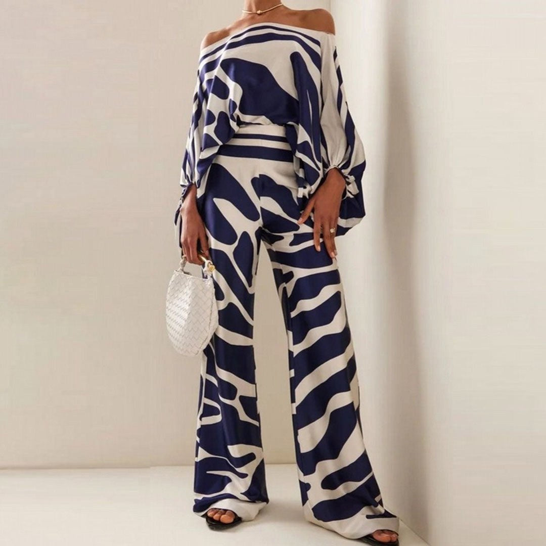 Ainsley | Women's Two-Piece Set with Off-Shoulder Sleeves, Printed Autumn Two-Piece Set | The Shrader Sisters