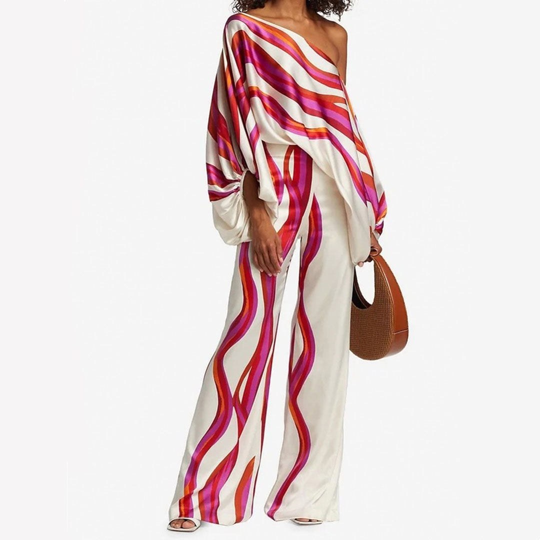 Ainsley | Women's Two-Piece Set with Off-Shoulder Sleeves, Printed Autumn Two-Piece Set | The Shrader Sisters | Black