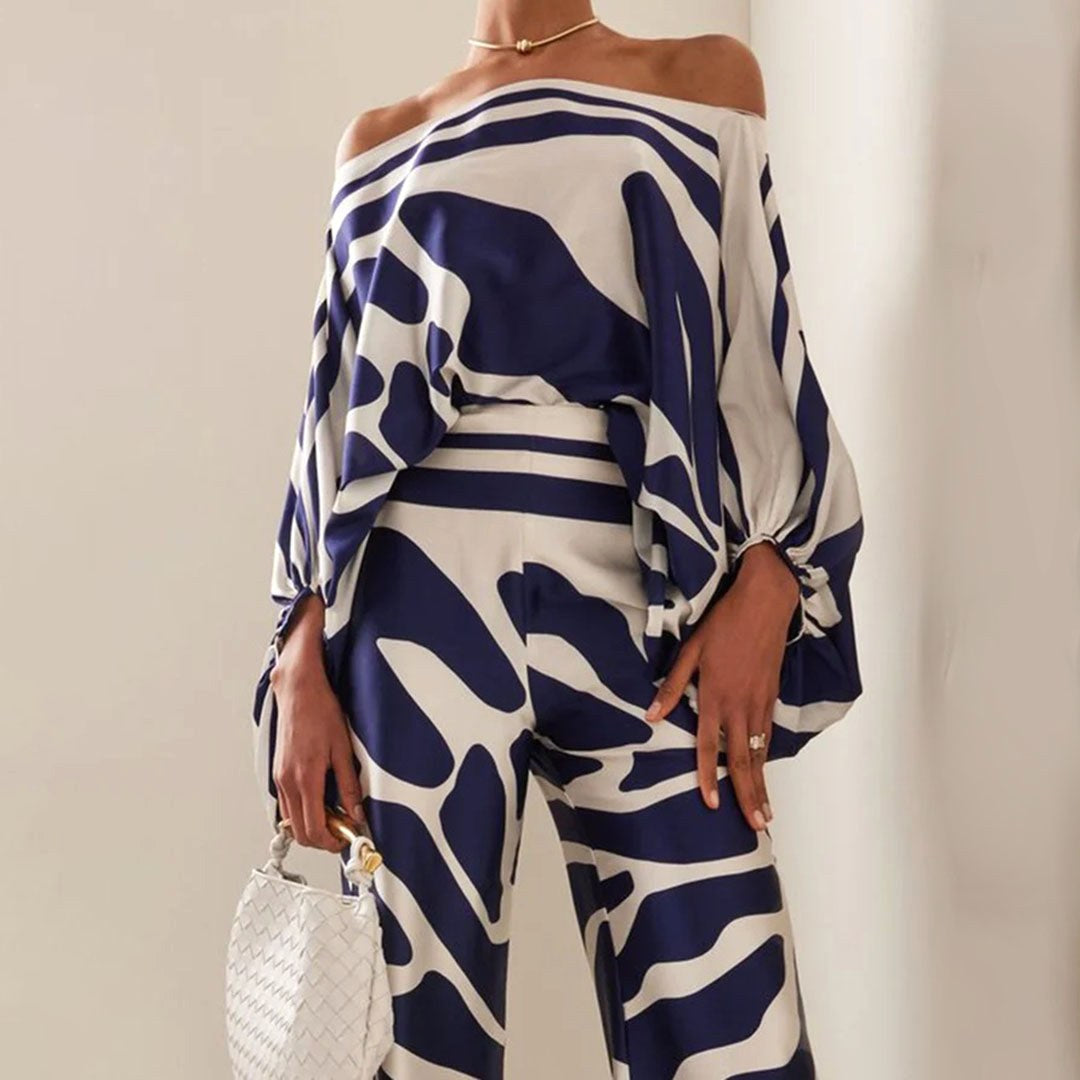 Ainsley | Women's Two-Piece Set with Off-Shoulder Sleeves, Printed Autumn Two-Piece Set | The Shrader Sisters | Multicolor