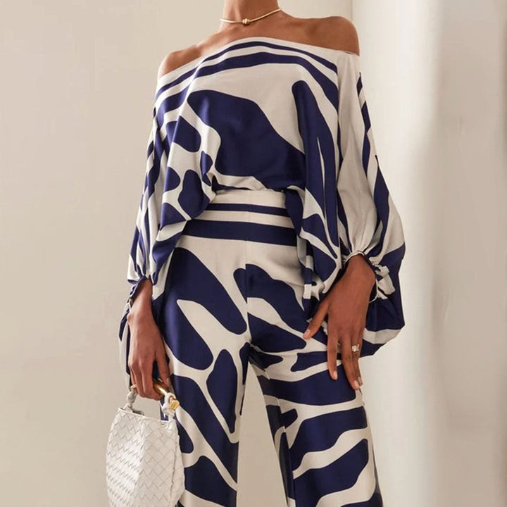 Ainsley | Women's Two-Piece Set with Off-Shoulder Sleeves, Printed Autumn Two-Piece Set | The Shrader Sisters | Multicolor
