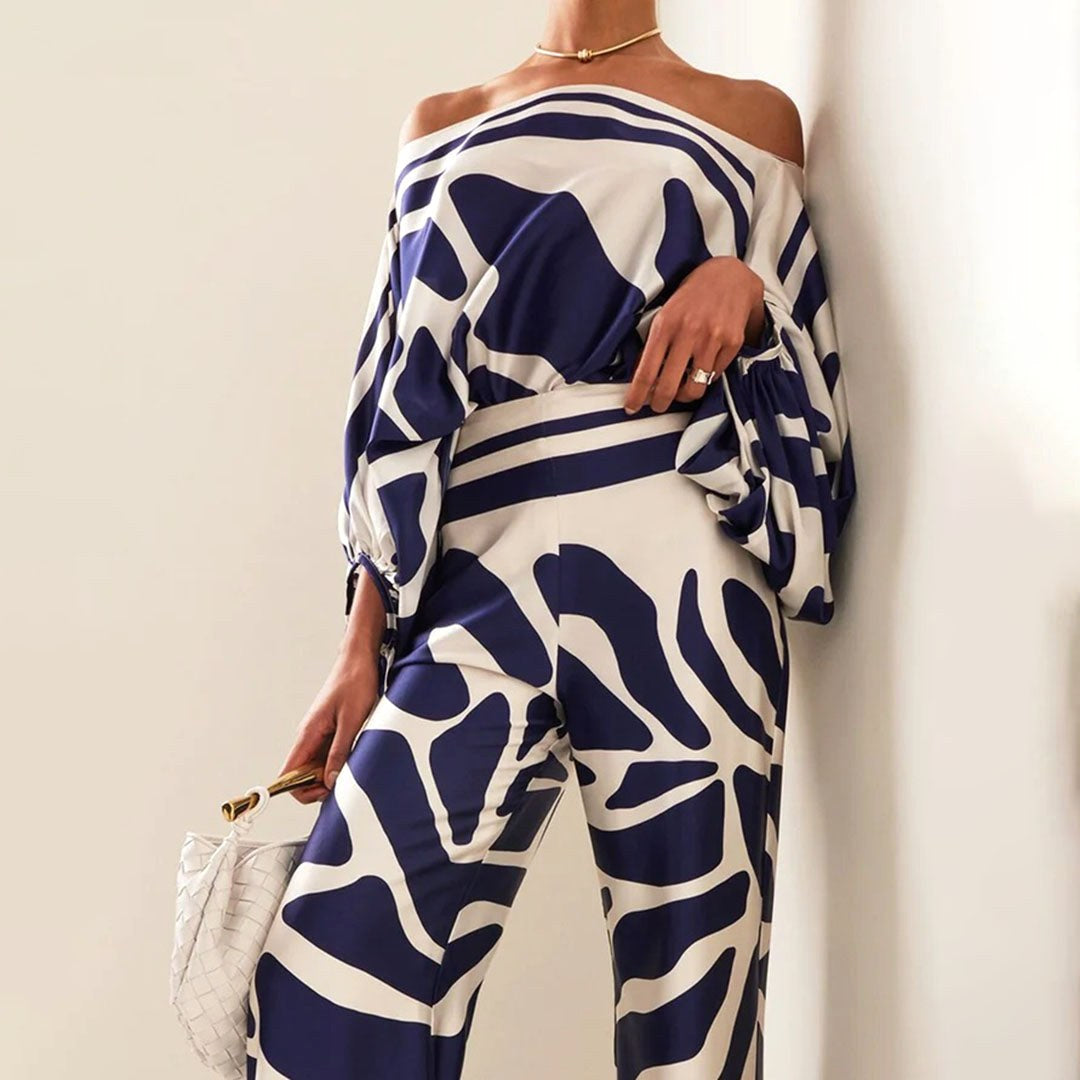 Ainsley | Women's Two-Piece Set with Off-Shoulder Sleeves, Printed Autumn Two-Piece Set | The Shrader Sisters | Pink