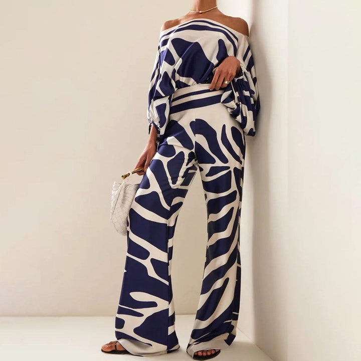 Ainsley | Women's Two-Piece Set with Off-Shoulder Sleeves, Printed Autumn Two-Piece Set | The Shrader Sisters | Yellow