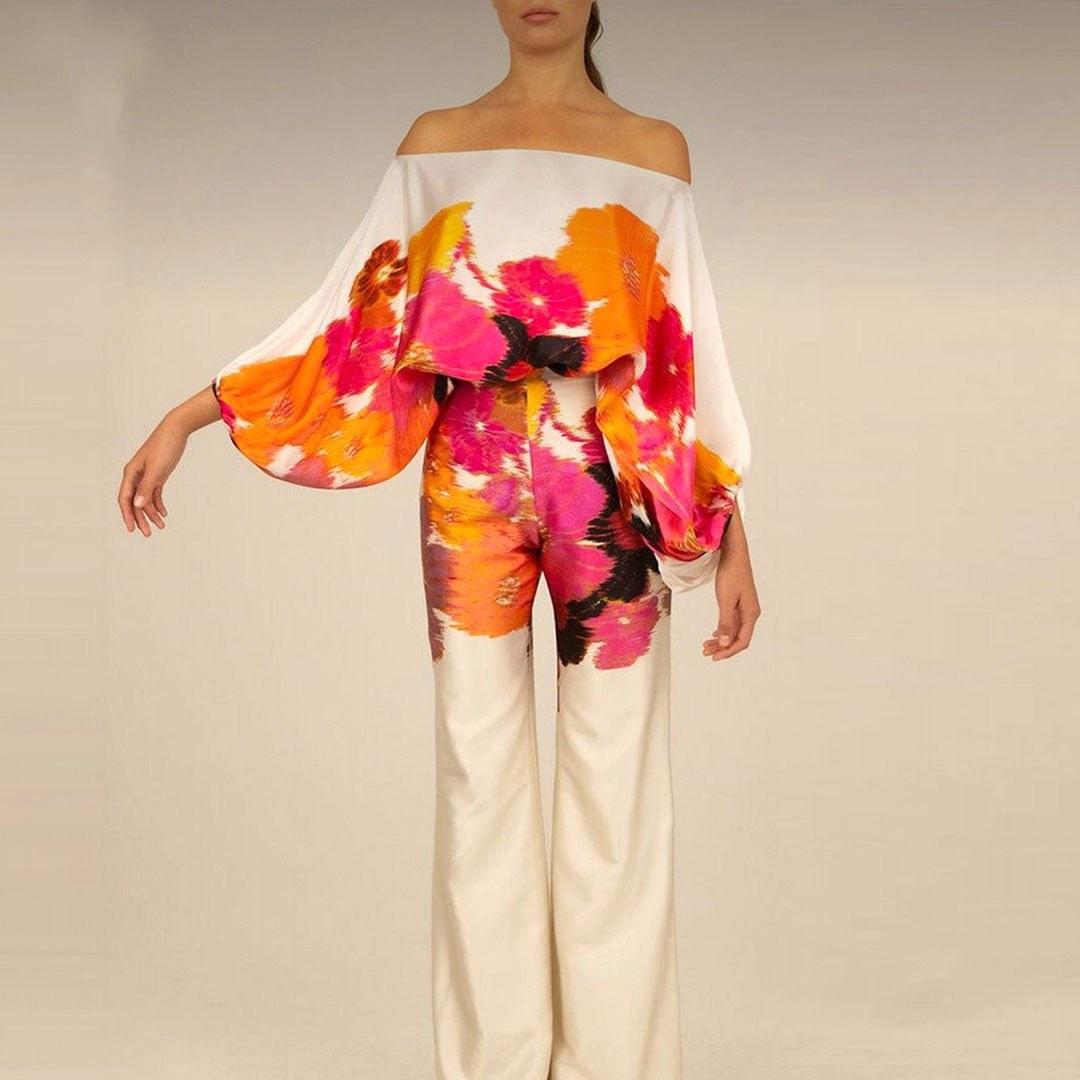 Ainsley | Women's Two-Piece Set with Off-Shoulder Sleeves, Printed Autumn Two-Piece Set | The Shrader Sisters