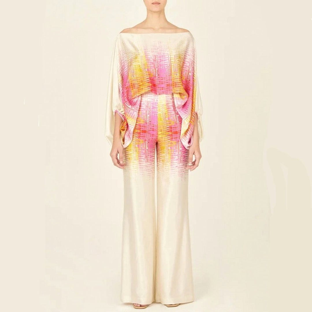 Ainsley | Women's Two-Piece Set with Off-Shoulder Sleeves, Printed Autumn Two-Piece Set | The Shrader Sisters
