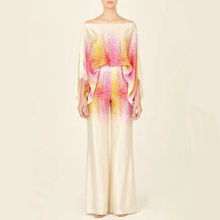 Ainsley | Women's Two-Piece Set with Off-Shoulder Sleeves, Printed Autumn Two-Piece Set | The Shrader Sisters
