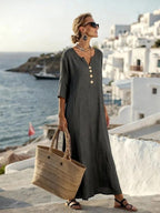 Alannah | Women's Cotton-Linen Shirt Dress, Three-Quarter Sleeve Dress | The Shrader Sisters