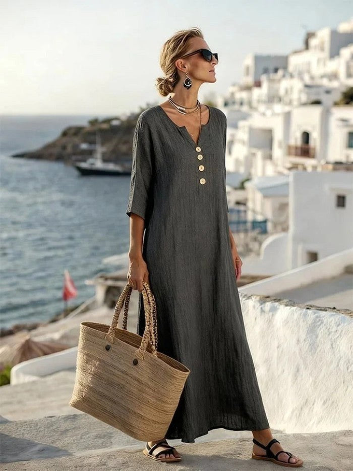 Alannah | Women's Cotton-Linen Shirt Dress, Three-Quarter Sleeve Dress | The Shrader Sisters