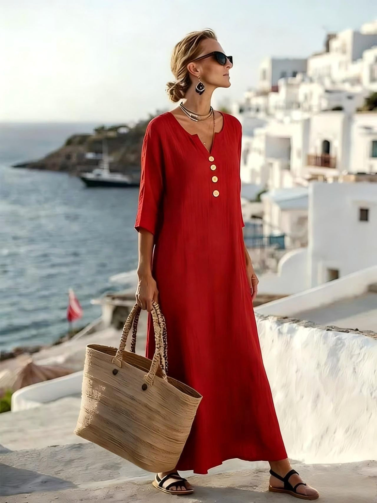 Alannah | Women's Cotton-Linen Shirt Dress, Three-Quarter Sleeve Dress | The Shrader Sisters