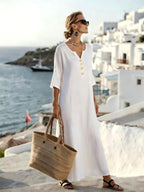 Alannah | Women's Cotton-Linen Shirt Dress, Three-Quarter Sleeve Dress | The Shrader Sisters