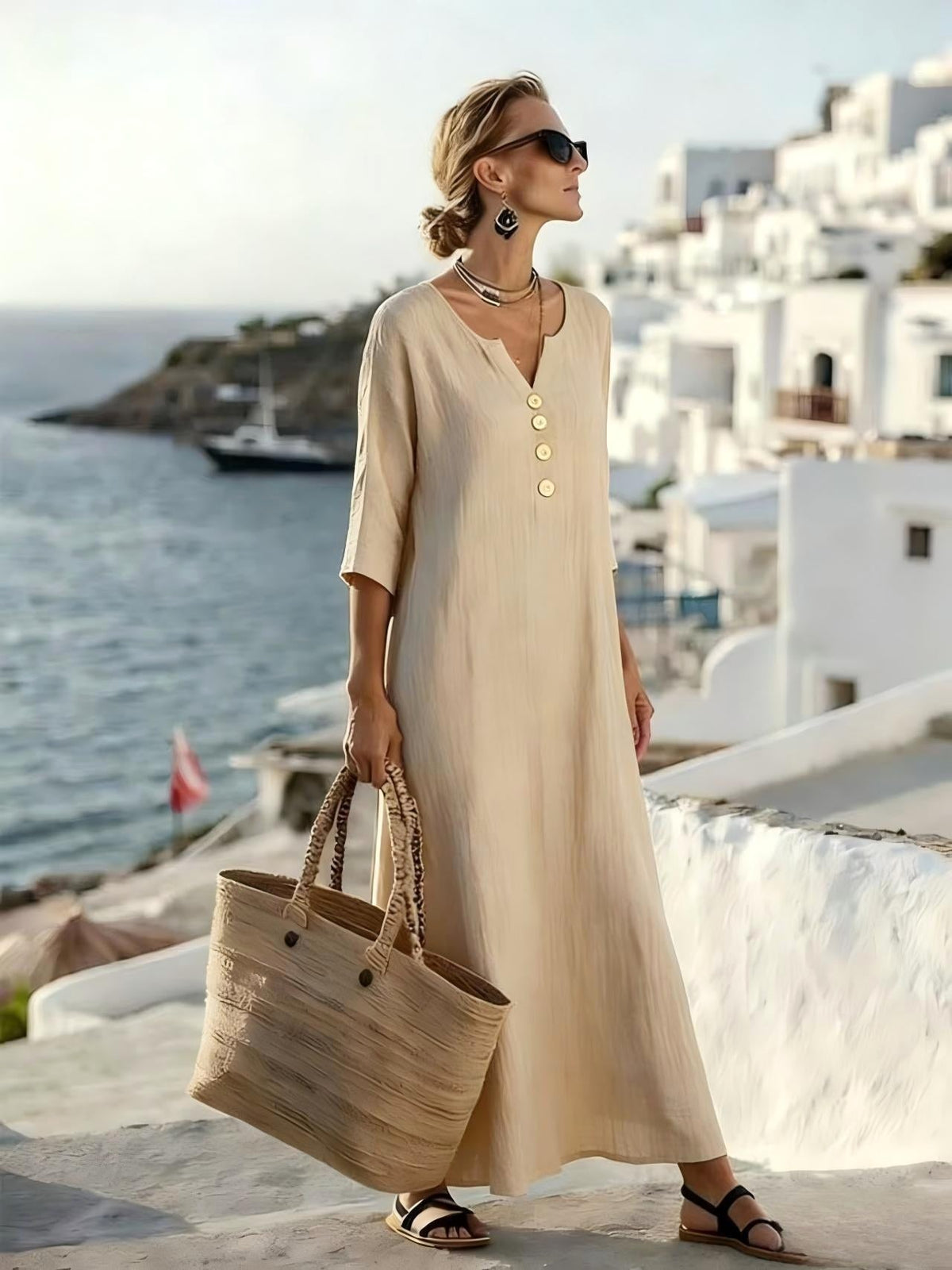 Alannah | Women's Cotton-Linen Shirt Dress, Three-Quarter Sleeve Dress | The Shrader Sisters
