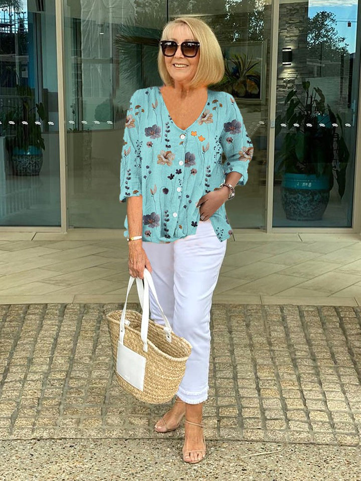 Alannah | Women's Floral Top, Soft Drape Blouse | The Shrader Sisters | Blue