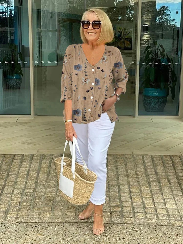 Alannah | Women's Floral Top, Soft Drape Blouse | The Shrader Sisters | Khaki