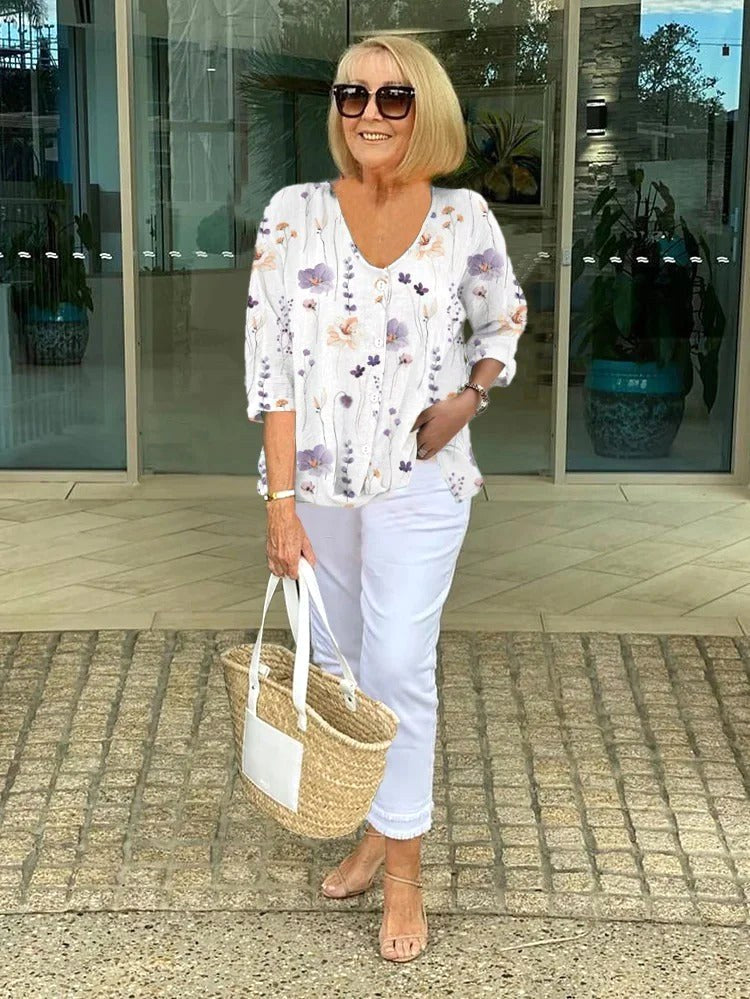 Alannah | Women's Floral Top, Soft Drape Blouse | The Shrader Sisters | White