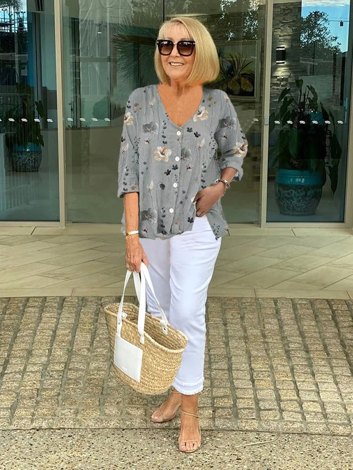Alannah | Women's Floral Top, Soft Drape Blouse | The Shrader Sisters | Grey