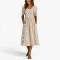 Alannah | Women's Striped Midi Dress with Button Details, Relaxed Midi Dress | The Shrader Sisters | Beige