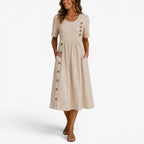 Alannah | Women's Striped Midi Dress with Button Details, Relaxed Midi Dress | The Shrader Sisters | Beige