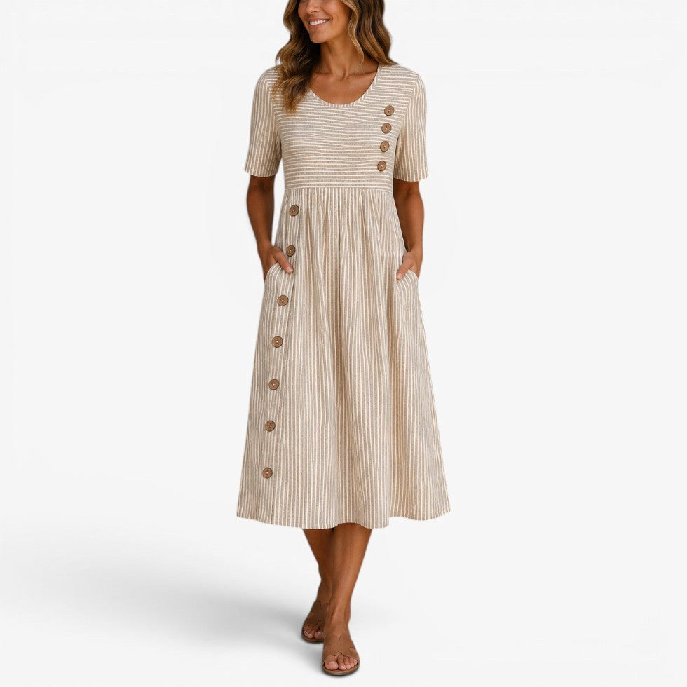Alannah | Women's Striped Midi Dress with Button Details, Relaxed Midi Dress | The Shrader Sisters | Beige