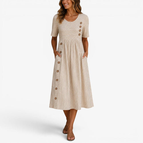 Alannah | Women's Striped Midi Dress with Button Details, Relaxed Midi Dress | The Shrader Sisters | Beige