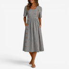 Alannah | Women's Striped Midi Dress with Button Details, Relaxed Midi Dress | The Shrader Sisters | Gray