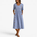 Alannah | Women's Striped Midi Dress with Button Details, Relaxed Midi Dress | The Shrader Sisters | Blue