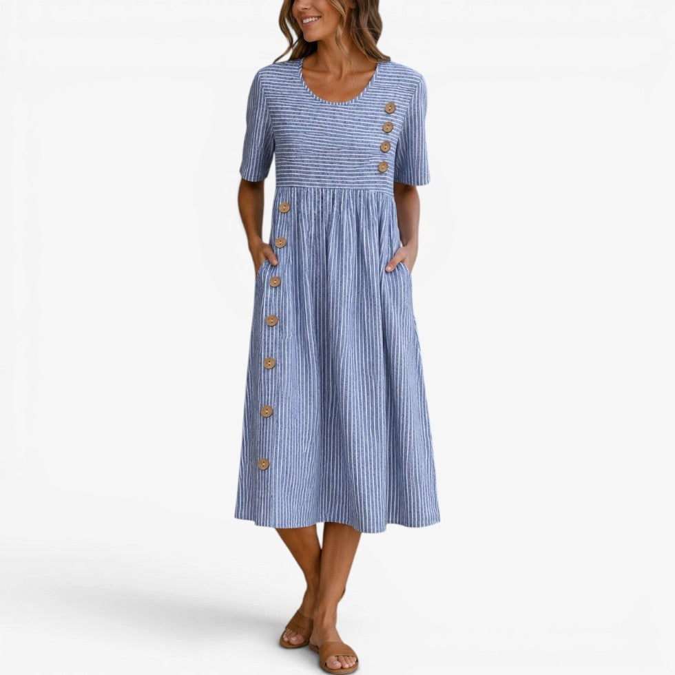 Alannah | Women's Striped Midi Dress with Button Details, Relaxed Midi Dress | The Shrader Sisters | Blue