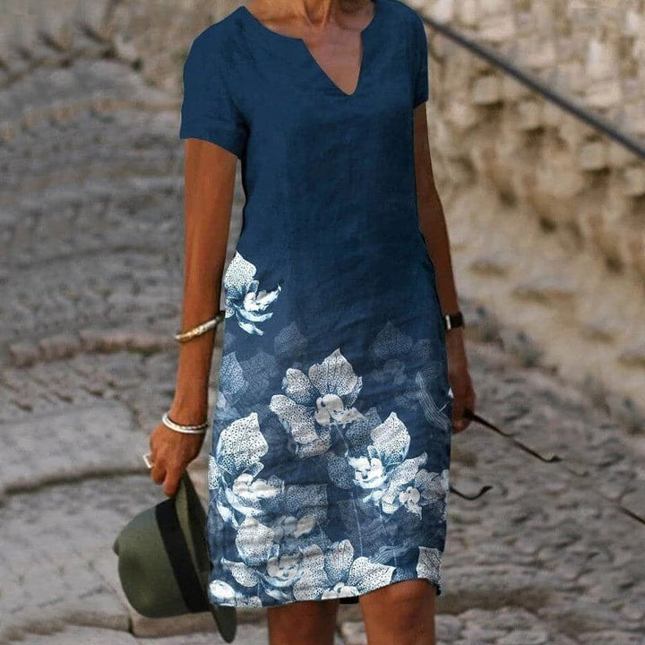 Alina | Women's Linen Short Sleeve Midi Dress - Blue