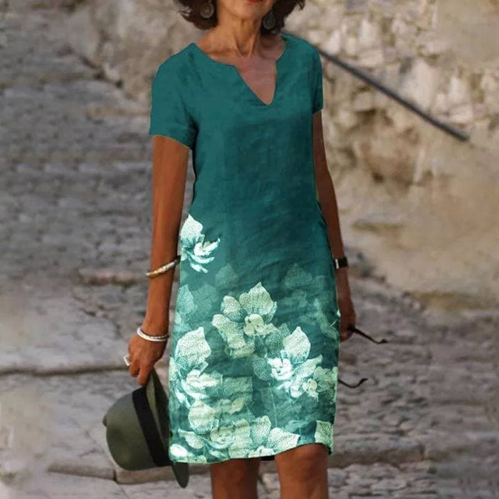 Alina | Women's Linen Short Sleeve Midi Dress - Green