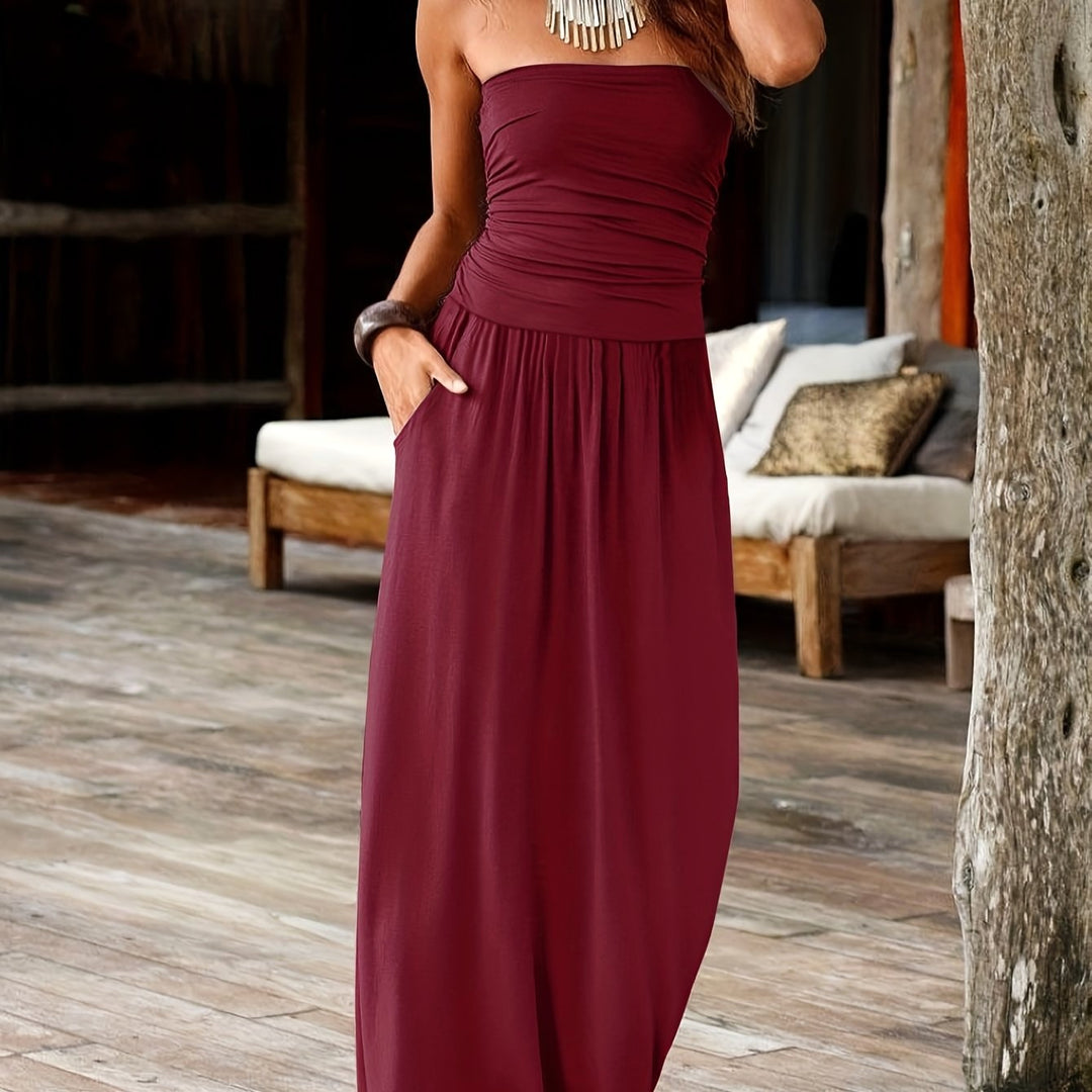 Alira | Women's Bandeau Midi Dress with Waist-Cinching Detail, Strapless Midi Dress | The Shrader Sisters