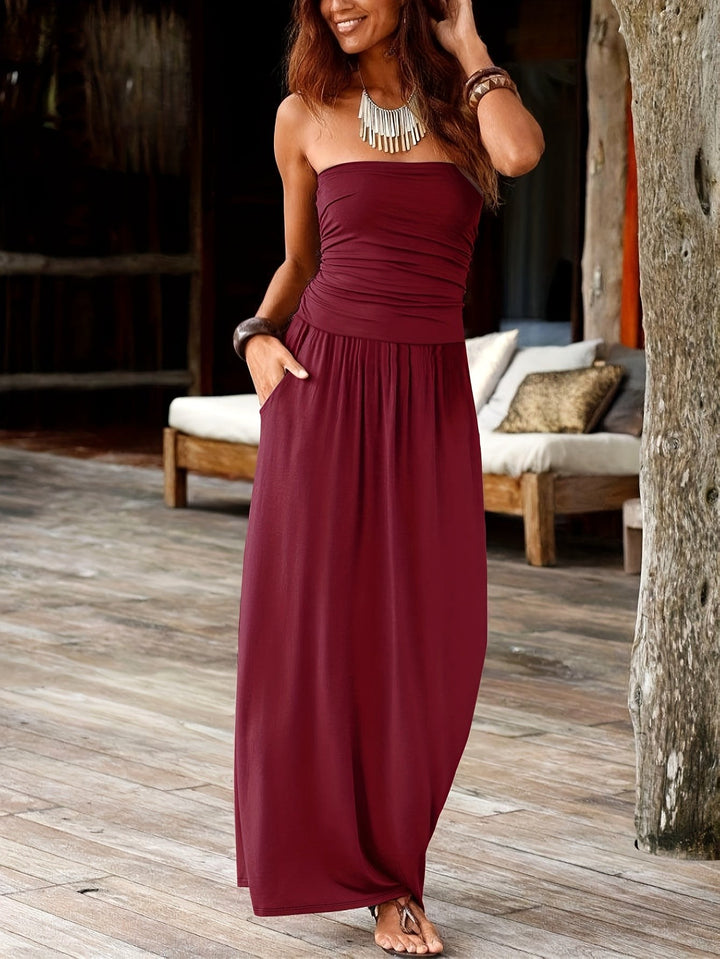 Alira | Women's Bandeau Midi Dress with Waist-Cinching Detail, Strapless Midi Dress | The Shrader Sisters